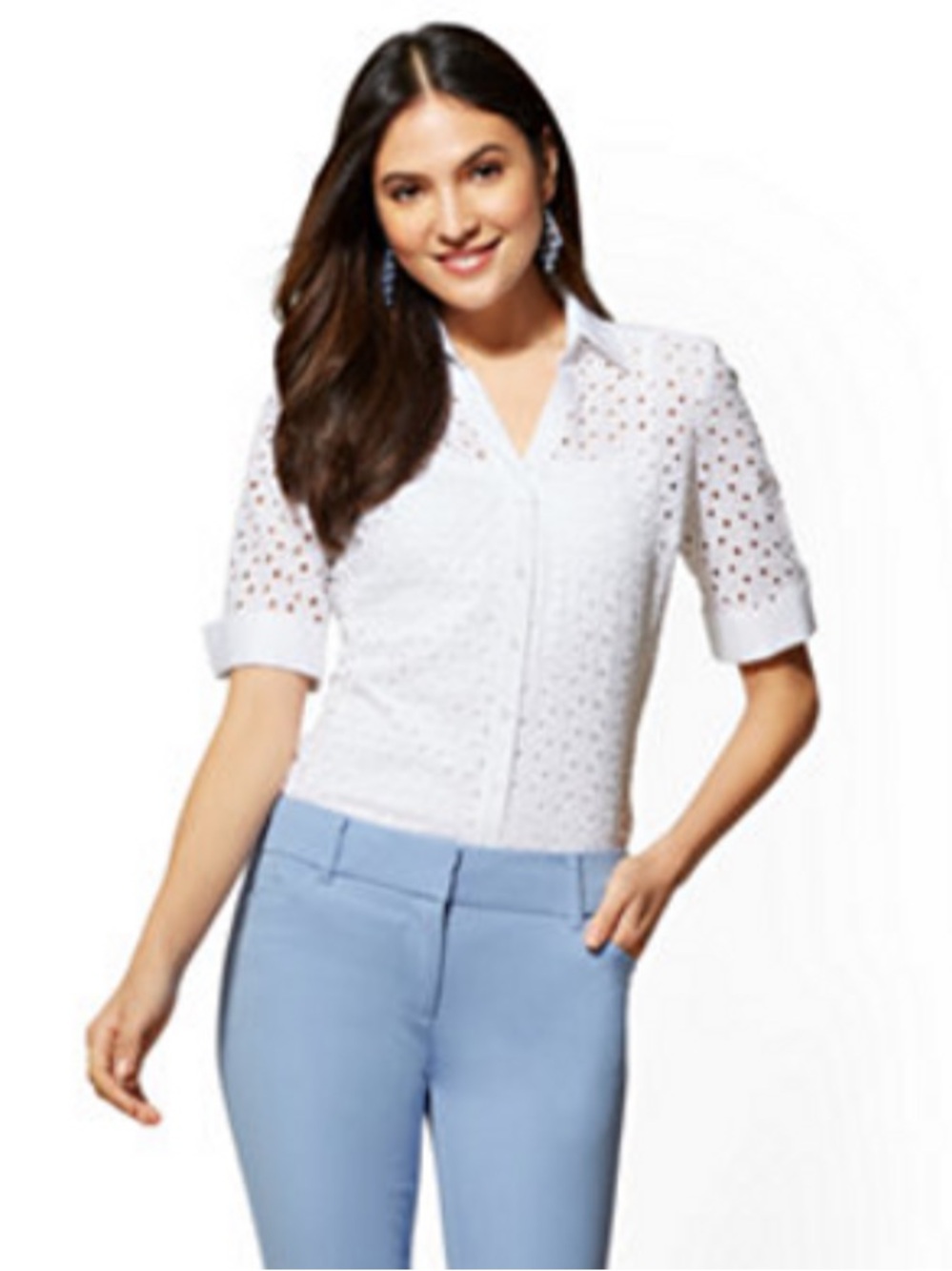 NY&C White Eyelet Madison Stretch Blouse Shirt